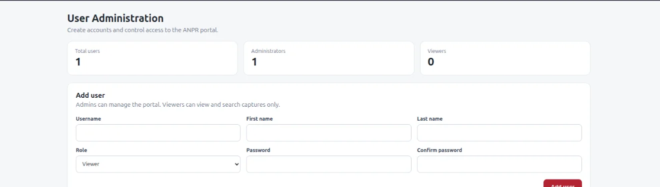 Ruby ANPR user administration screen for Admin and Viewer accounts
